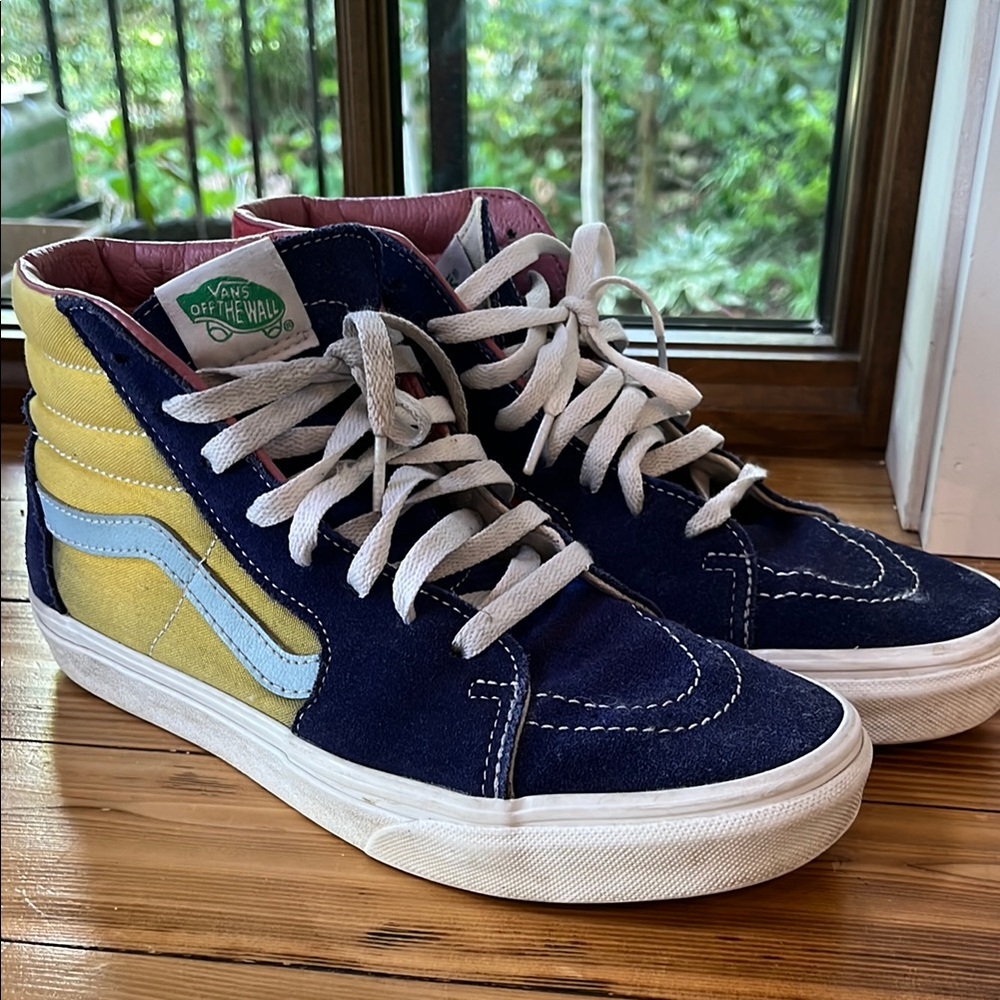 Women’s High-Top Vans- navy blue yellow and red